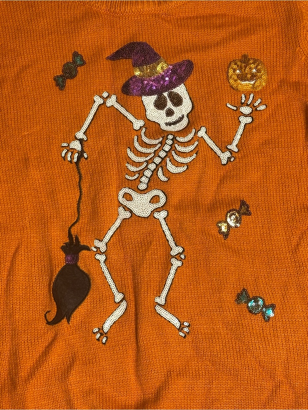 Vintage Poof Halloween Skeleton Orange Knit Pullover Crewneck Sweater Women S - Picture 2 of 5